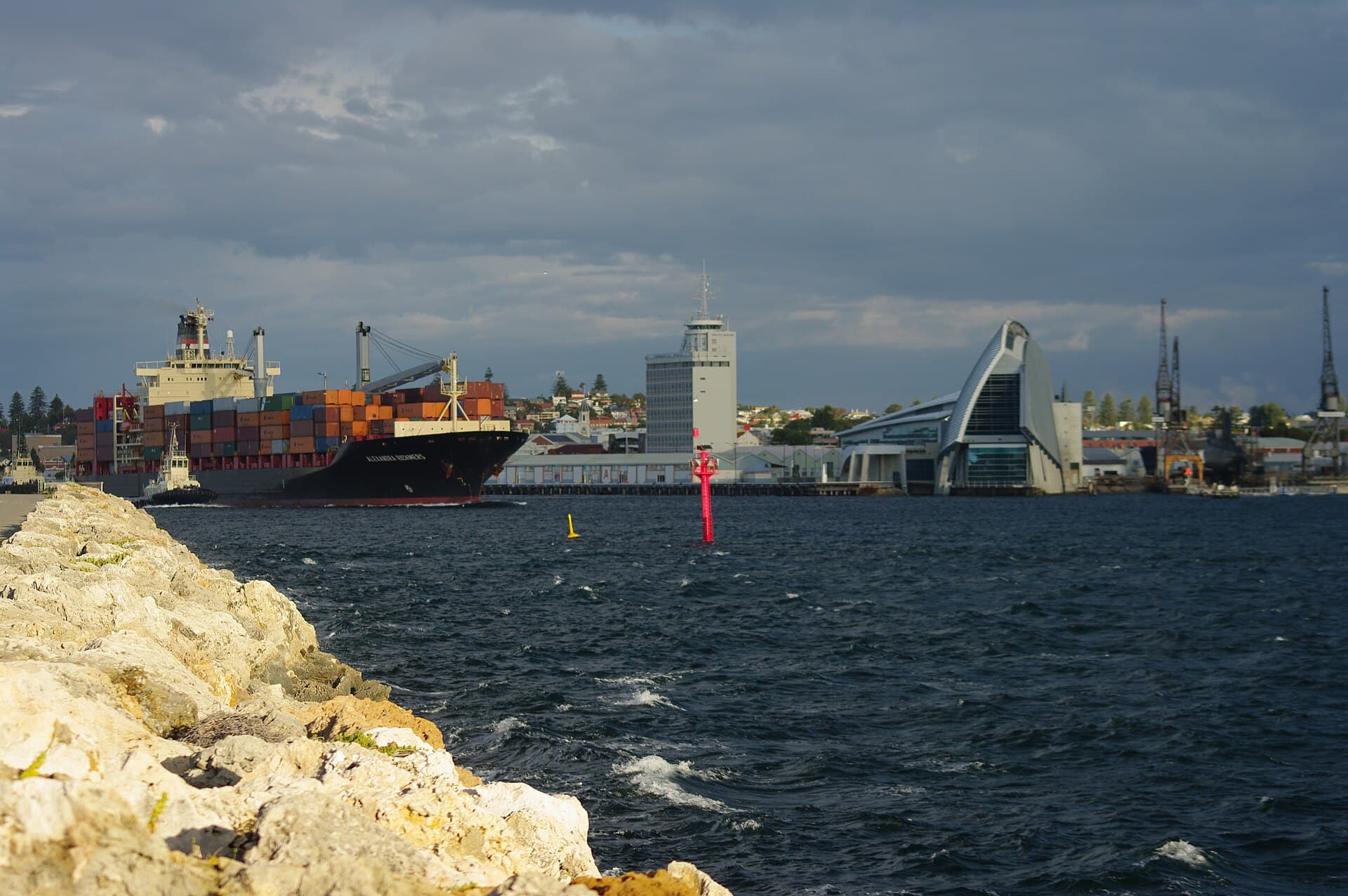 A container ship leaving Fremantle Harbour